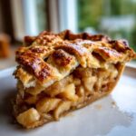 A close-up of a thick slice of homemade apple pie showing the juicy filling and golden lattice crust.
