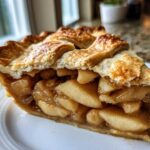 Close-up of a thick slice of homemade apple pie showing flaky lattice crust and rich, spiced apple filling.