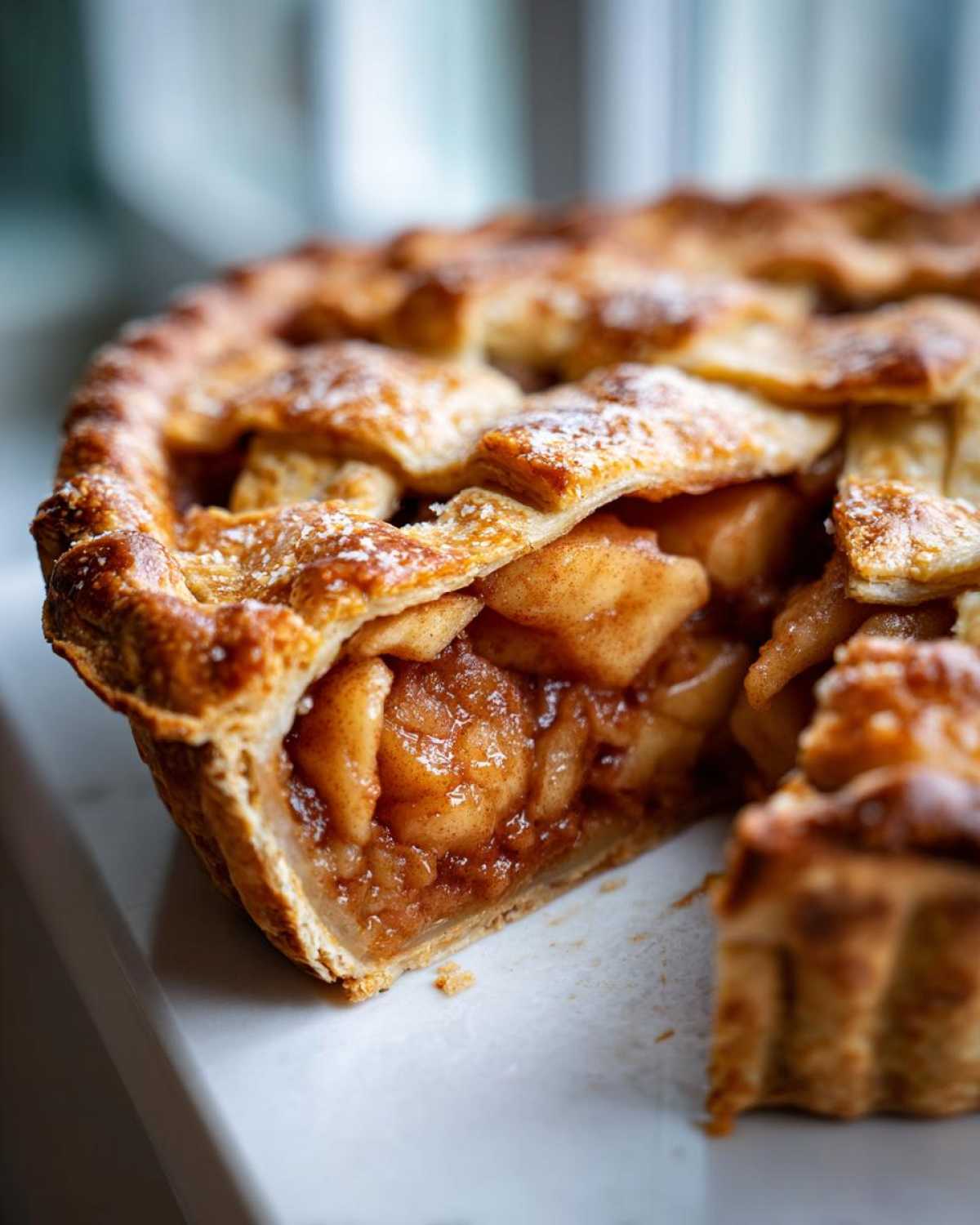 A close-up, cross-section view of a delicious homemade apple pie showing the caramelized apple filling and golden lattice crust.