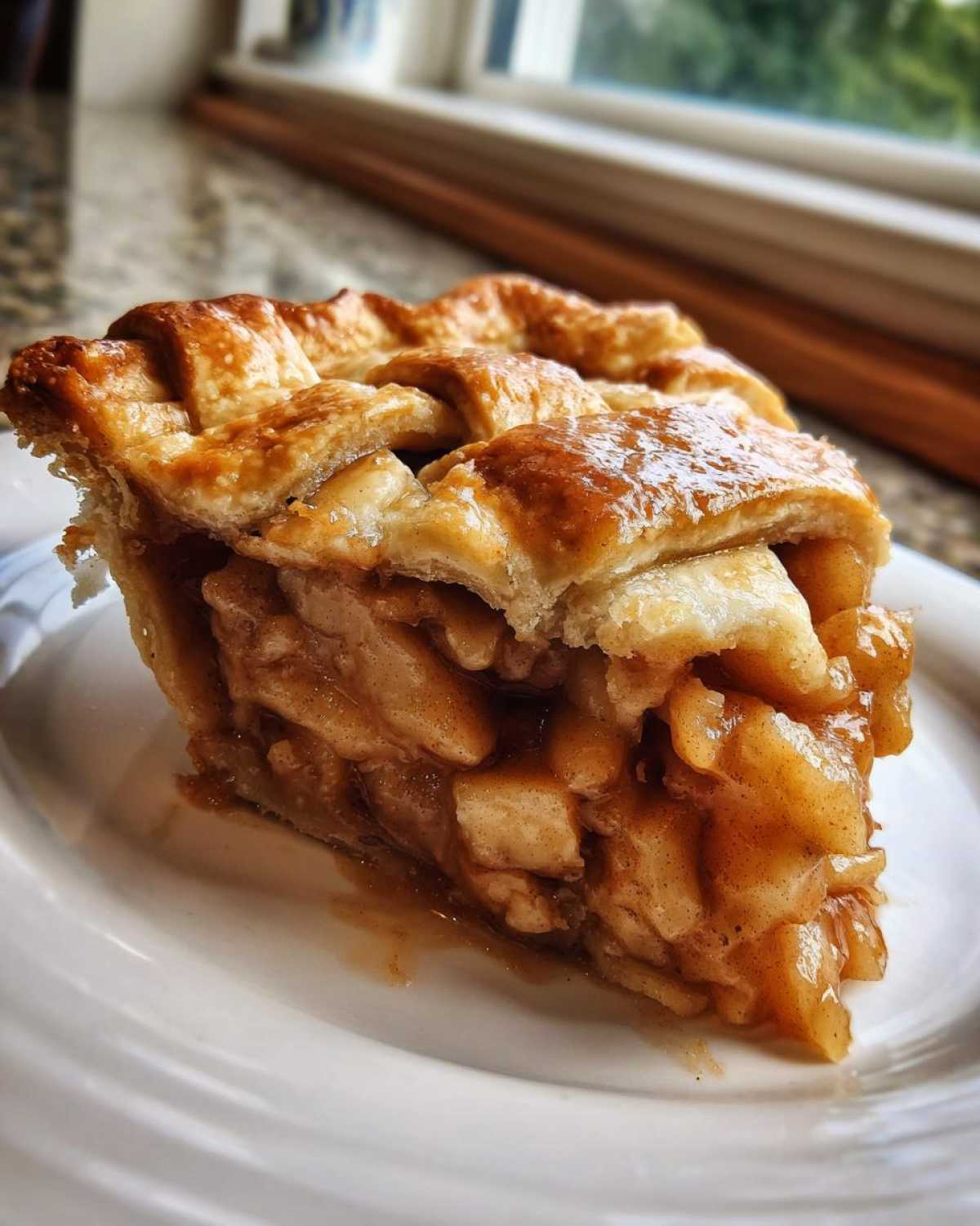 Close-up of a thick slice of homemade apple pie showing cinnamon filling and golden lattice crust.