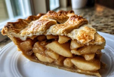 Close-up of a thick slice of homemade apple pie showing flaky lattice crust and rich, spiced apple filling.