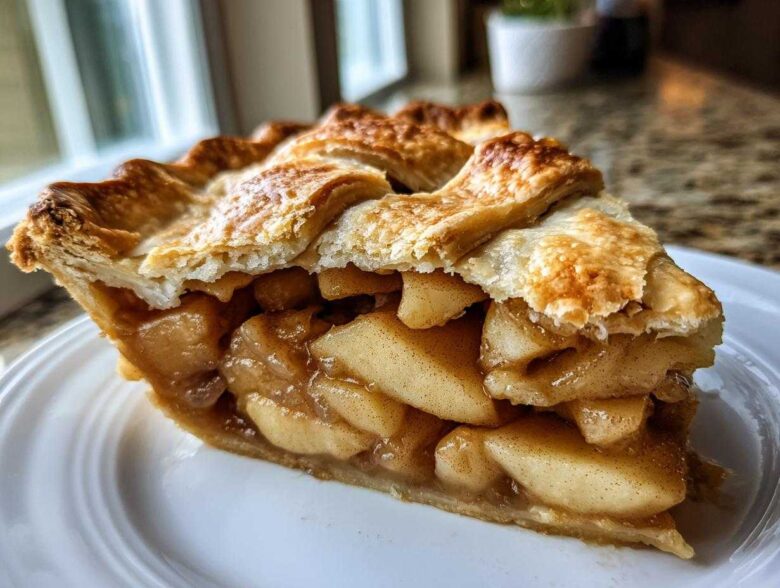 Close-up of a thick slice of homemade apple pie showing flaky lattice crust and rich, spiced apple filling.