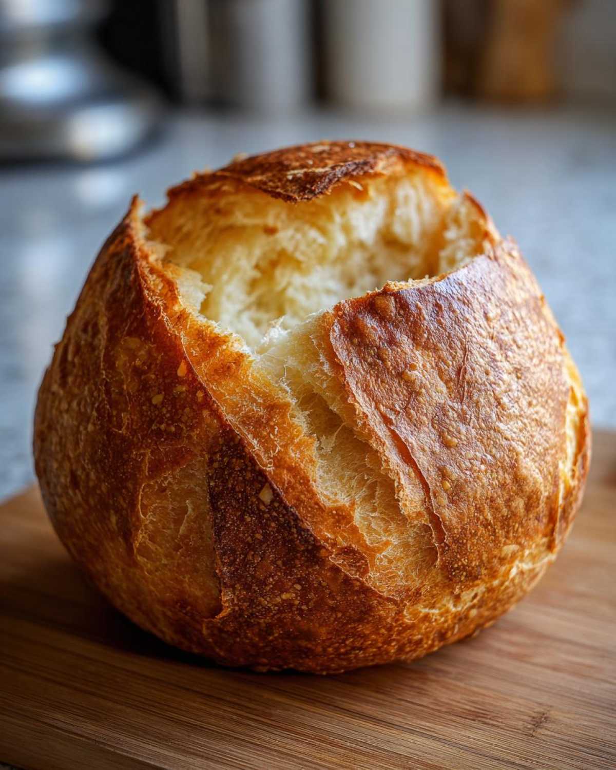 A freshly baked, round bread bowl with a deep golden-brown, crusty exterior, ready to be filled.