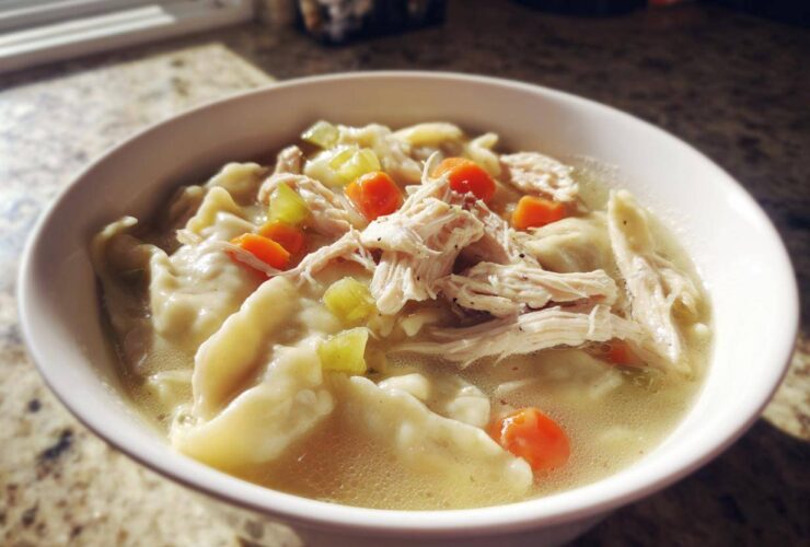 A close-up of a white bowl filled with steaming chicken and dumplings, featuring shredded chicken, carrots, and celery in broth.