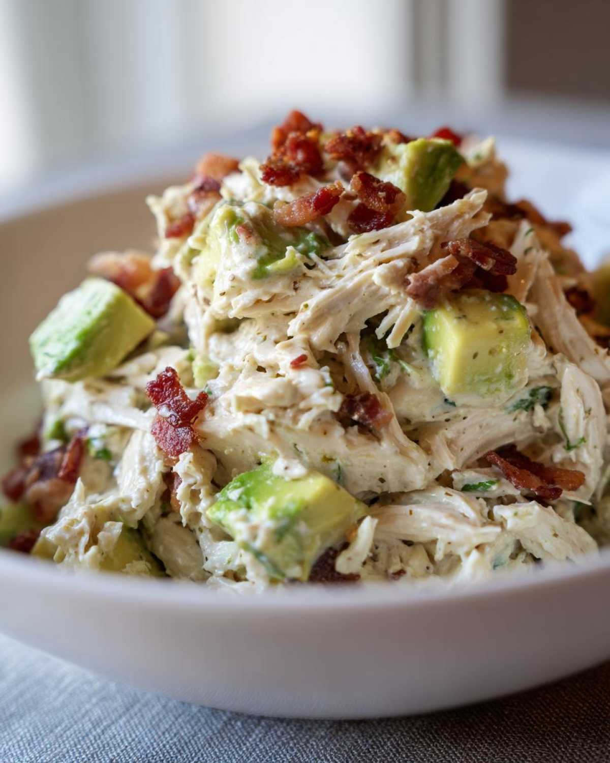 Close-up of creamy honey mustard chicken salad mixed with chunks of avocado and topped with crispy bacon bits.