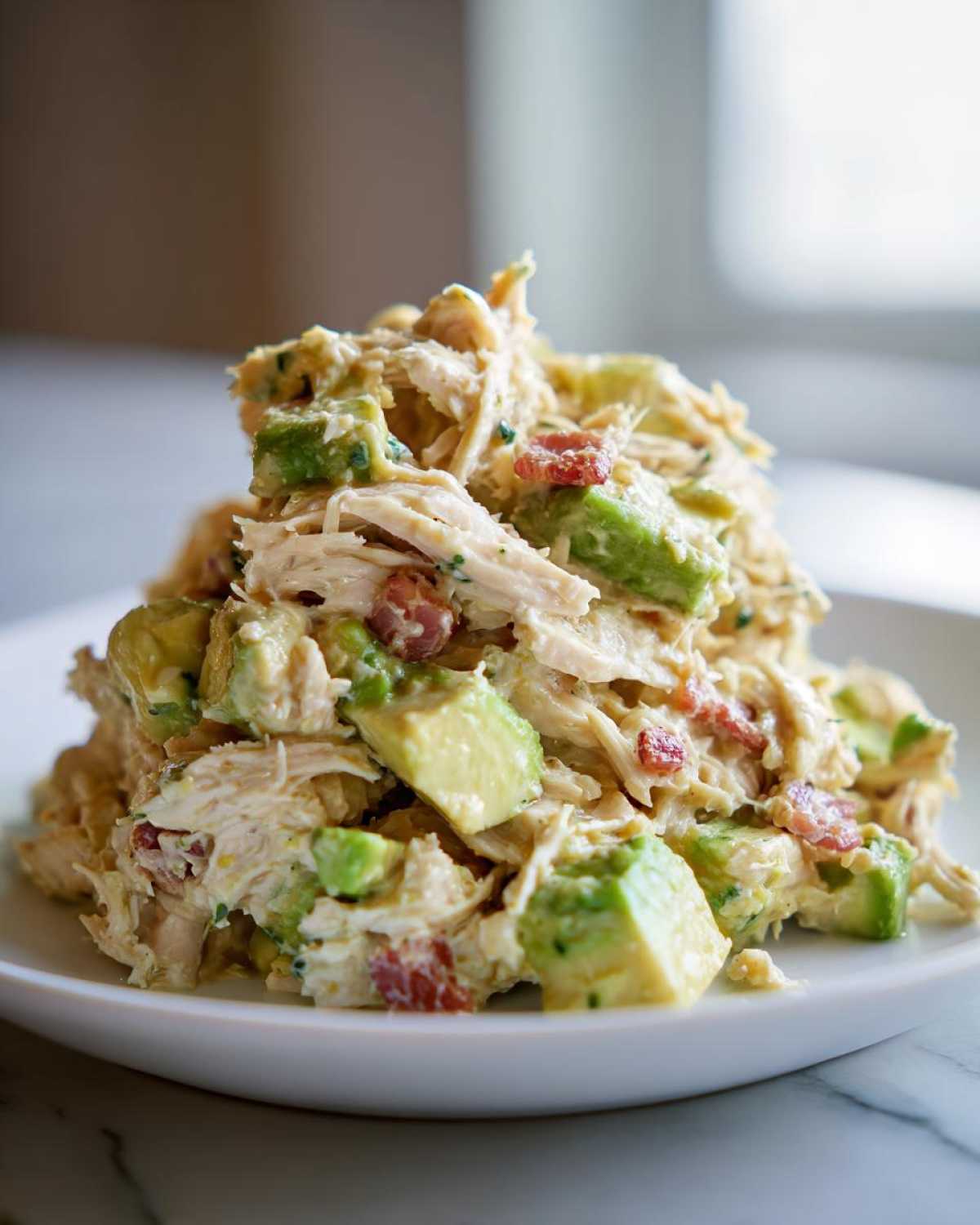A mound of creamy honey mustard chicken salad mixed with chunks of avocado and bacon pieces on a white plate.