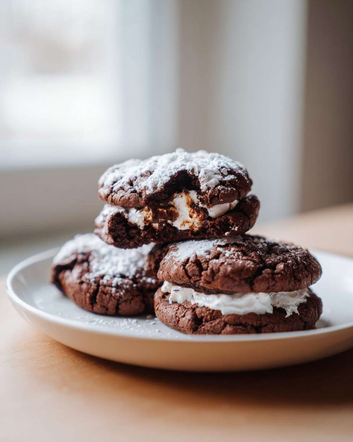 A stack of three rich, dark chocolate hot chocolate cookies filled with marshmallow cream and dusted with powdered sugar.