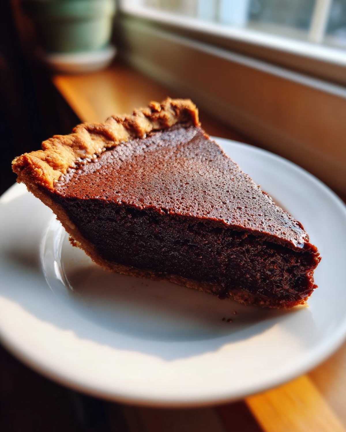 A close-up of a single slice of rich, dark hot fudge pie resting on a white plate.