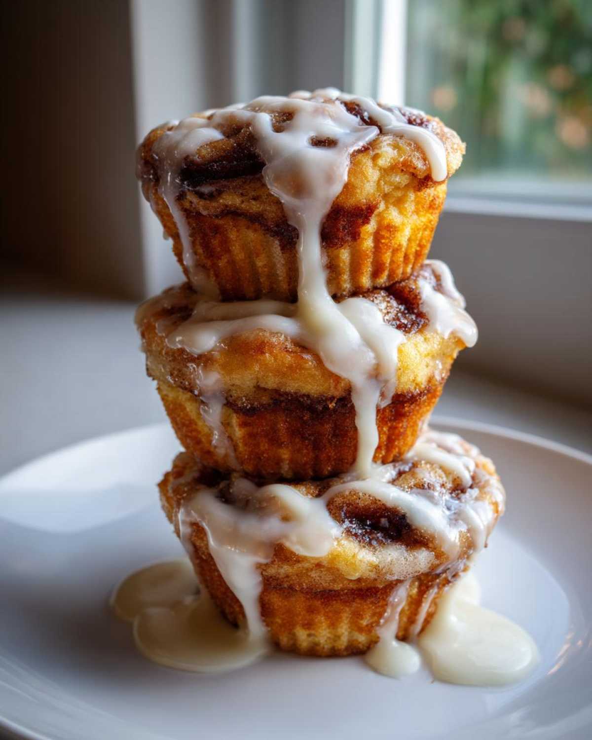 Three delicious cinnamon roll muffins stacked vertically and generously drizzled with white icing.