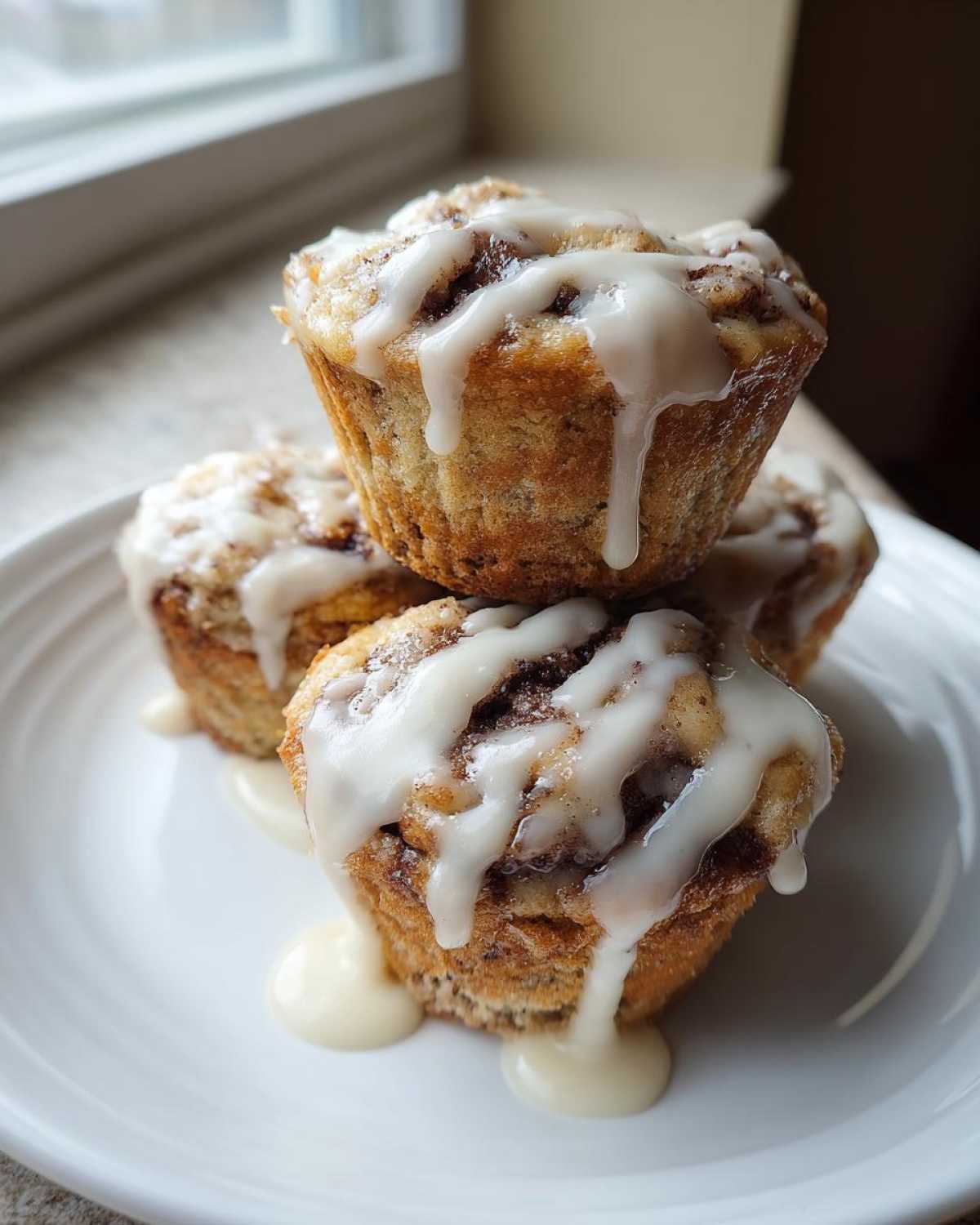 A stack of three freshly baked cinnamon roll muffins generously drizzled with white icing.