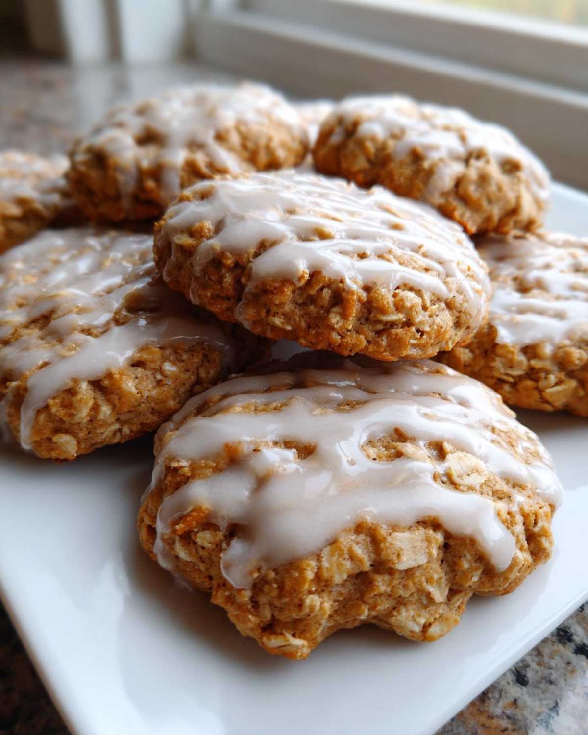 Close-up of several soft iced oatmeal cookies piled on a white plate near a window.
