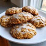 A stack of freshly baked iced oatmeal cookies with a thick vanilla glaze drizzled on top.