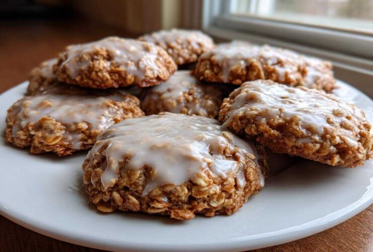 A stack of freshly baked iced oatmeal cookies with a thick white glaze on a white plate.