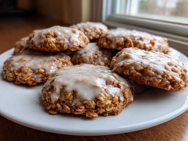 A stack of freshly baked iced oatmeal cookies with a thick white glaze on a white plate.