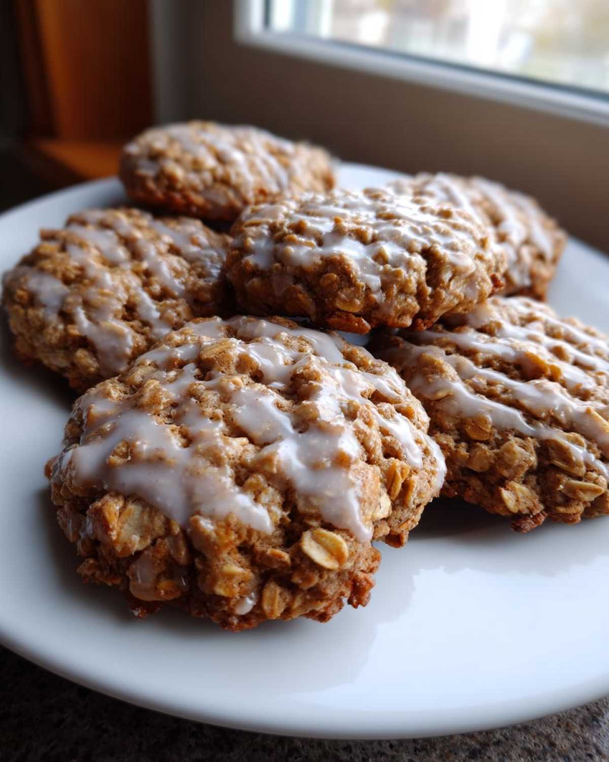 A close-up of several soft iced oatmeal cookies drizzled with white glaze, resting on a white plate near a window.