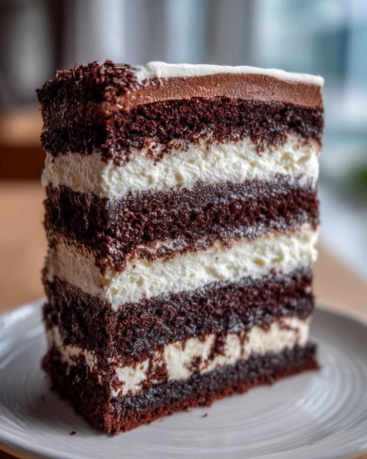 Close-up of a tall slice of layered chocolate cake with white cream filling, resembling the texture of Italian Love Cake.
