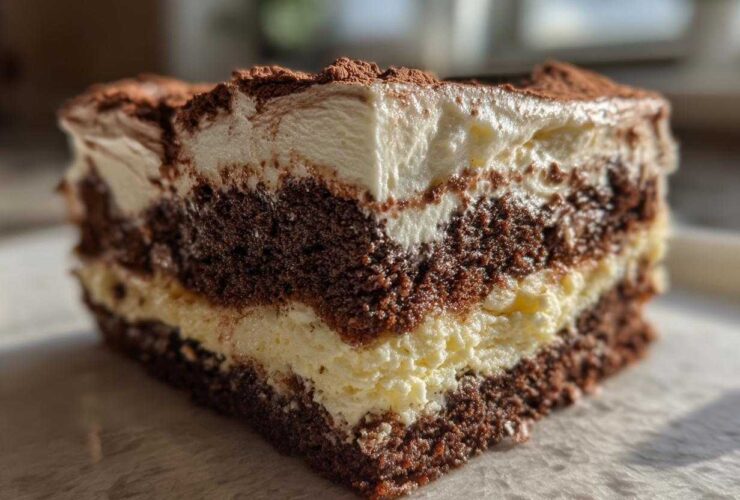 Close-up of a decadent slice of Italian love cake showing rich chocolate layers and creamy filling, dusted with cocoa.
