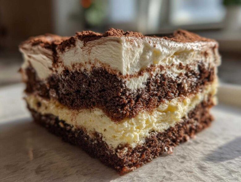 Close-up of a decadent slice of Italian love cake showing rich chocolate layers and creamy filling, dusted with cocoa.