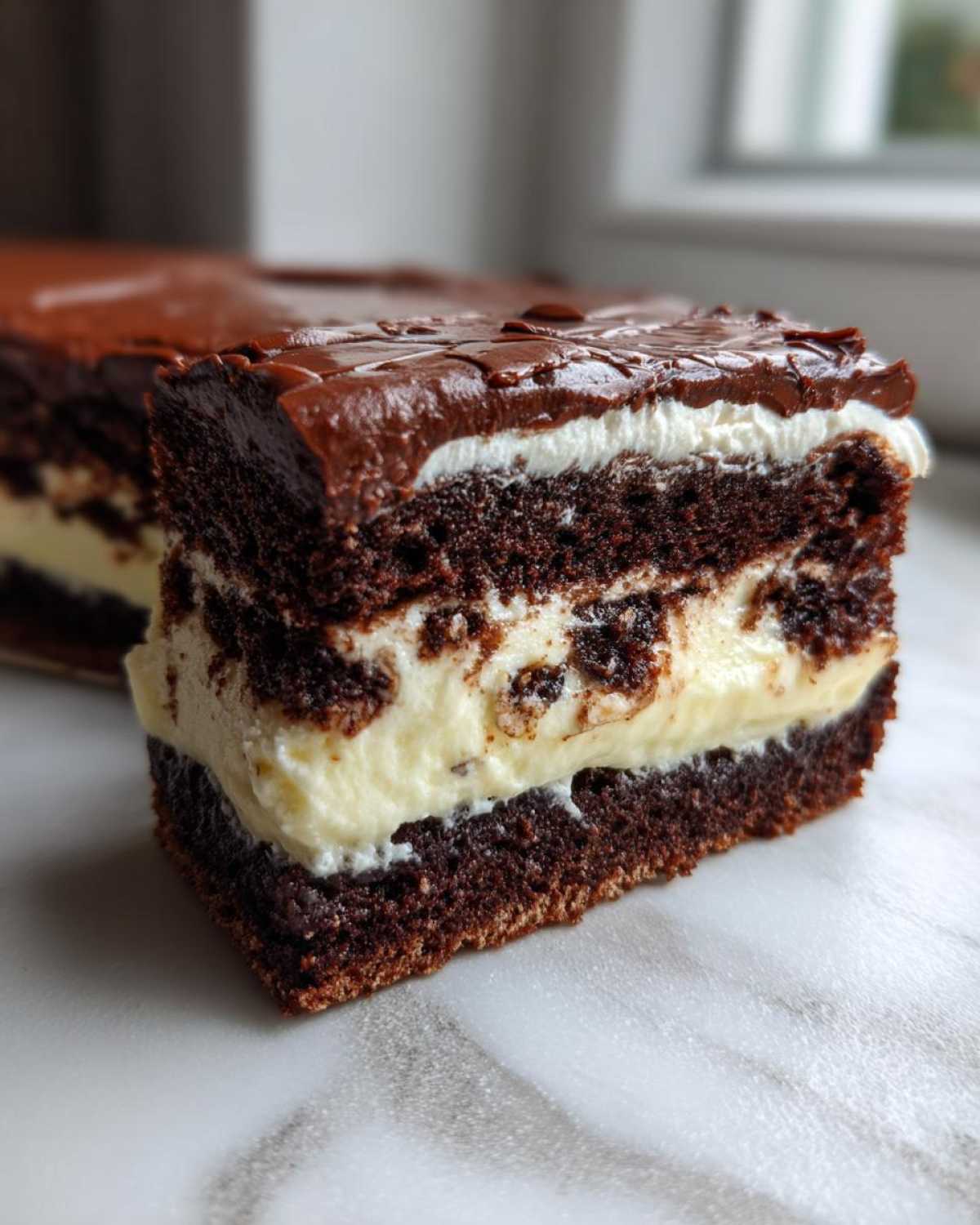 Close-up of a layered slice of Italian Love Cake featuring dark chocolate cake, creamy filling, and chocolate ganache.