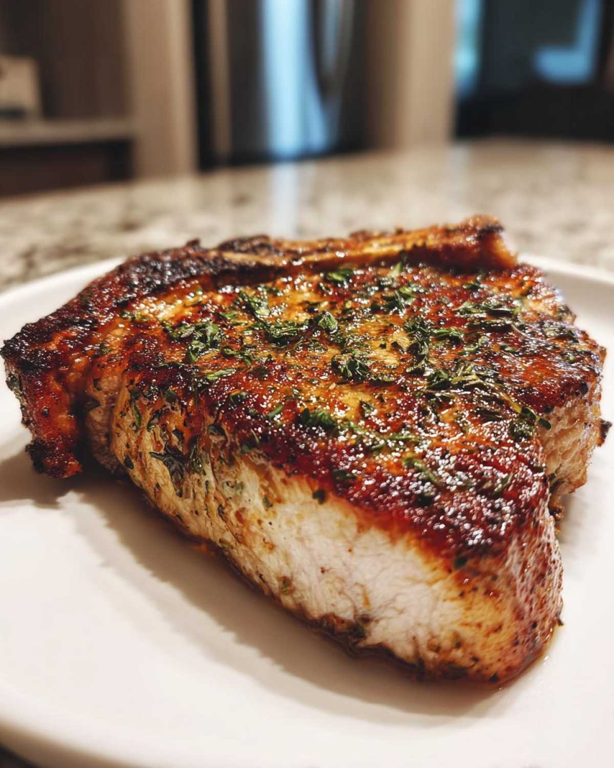 Close-up of a thick, juicy air fryer pork chop with a caramelized crust and fresh parsley.
