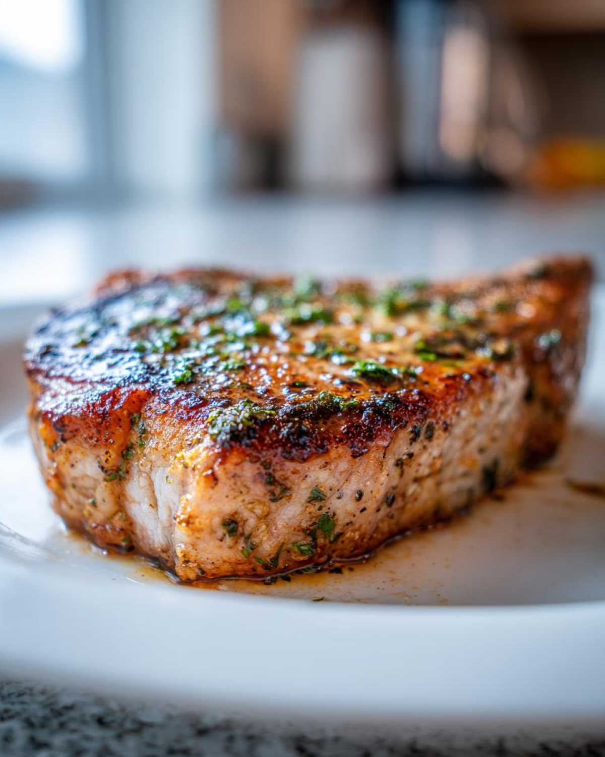 Close-up of a thick, juicy air fryer pork chop, perfectly seared and topped with green herbs.