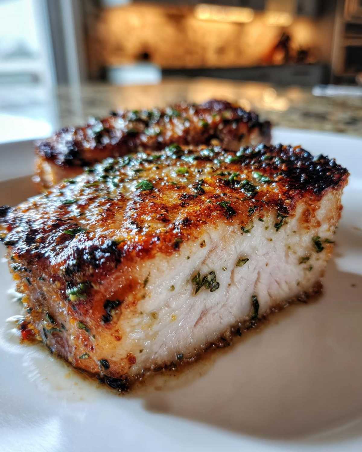 Close-up of a thick, juicy air fryer pork chop, showing the perfectly seared crust and moist interior.