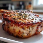 Close-up of a thick, juicy air fryer pork chop with a caramelized, herbed crust resting on a white plate.