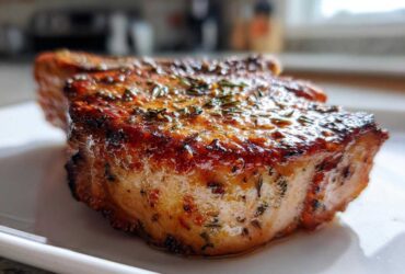 Close-up of a thick, juicy air fryer pork chop with a caramelized, herbed crust resting on a white plate.