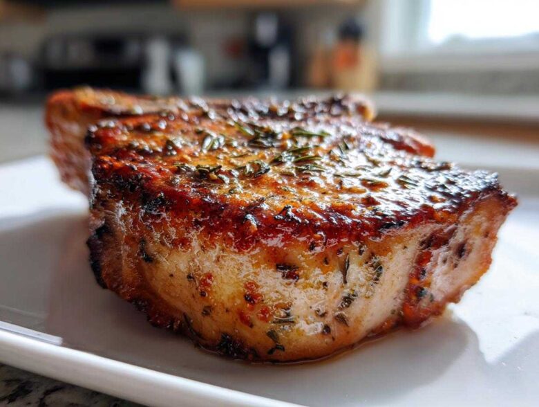 Close-up of a thick, juicy air fryer pork chop with a caramelized, herbed crust resting on a white plate.