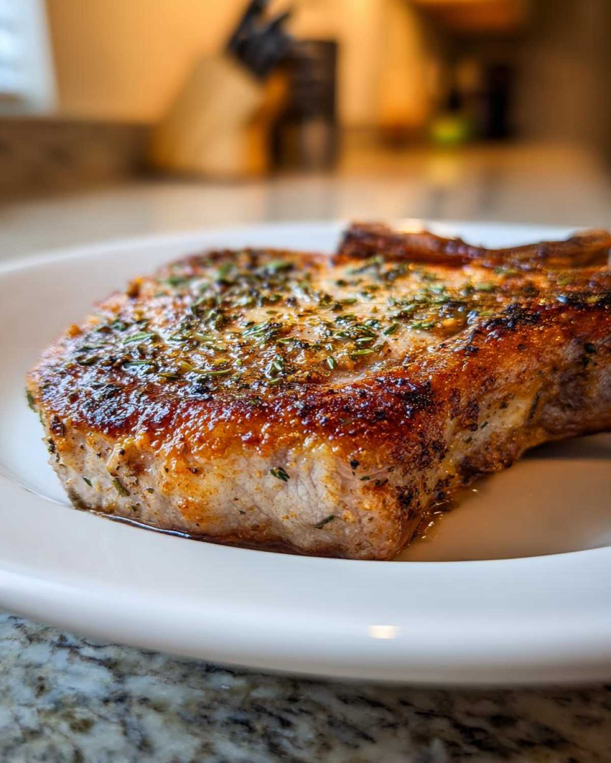 Close-up of a perfectly cooked, juicy air fryer pork chops seasoned with herbs on a white plate.