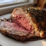 A juicy, medium-rare rib roast, crusted with herbs, resting on a white platter with one slice cut off.