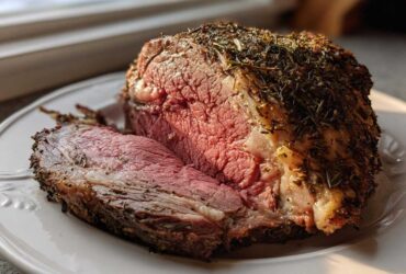 A juicy, medium-rare rib roast, crusted with herbs, resting on a white platter with one slice cut off.