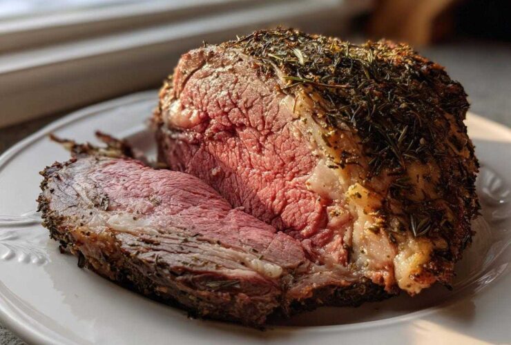 A juicy, medium-rare rib roast, crusted with herbs, resting on a white platter with one slice cut off.