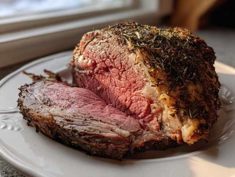 A juicy, medium-rare rib roast, crusted with herbs, resting on a white platter with one slice cut off.