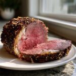 A juicy, medium-rare rib roast, crusted with herbs and spices, resting on a white plate.