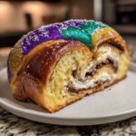 Cross-section view of a delicious king cake slice showing rich brioche dough, cream cheese filling, and purple, green, and gold glitter icing.