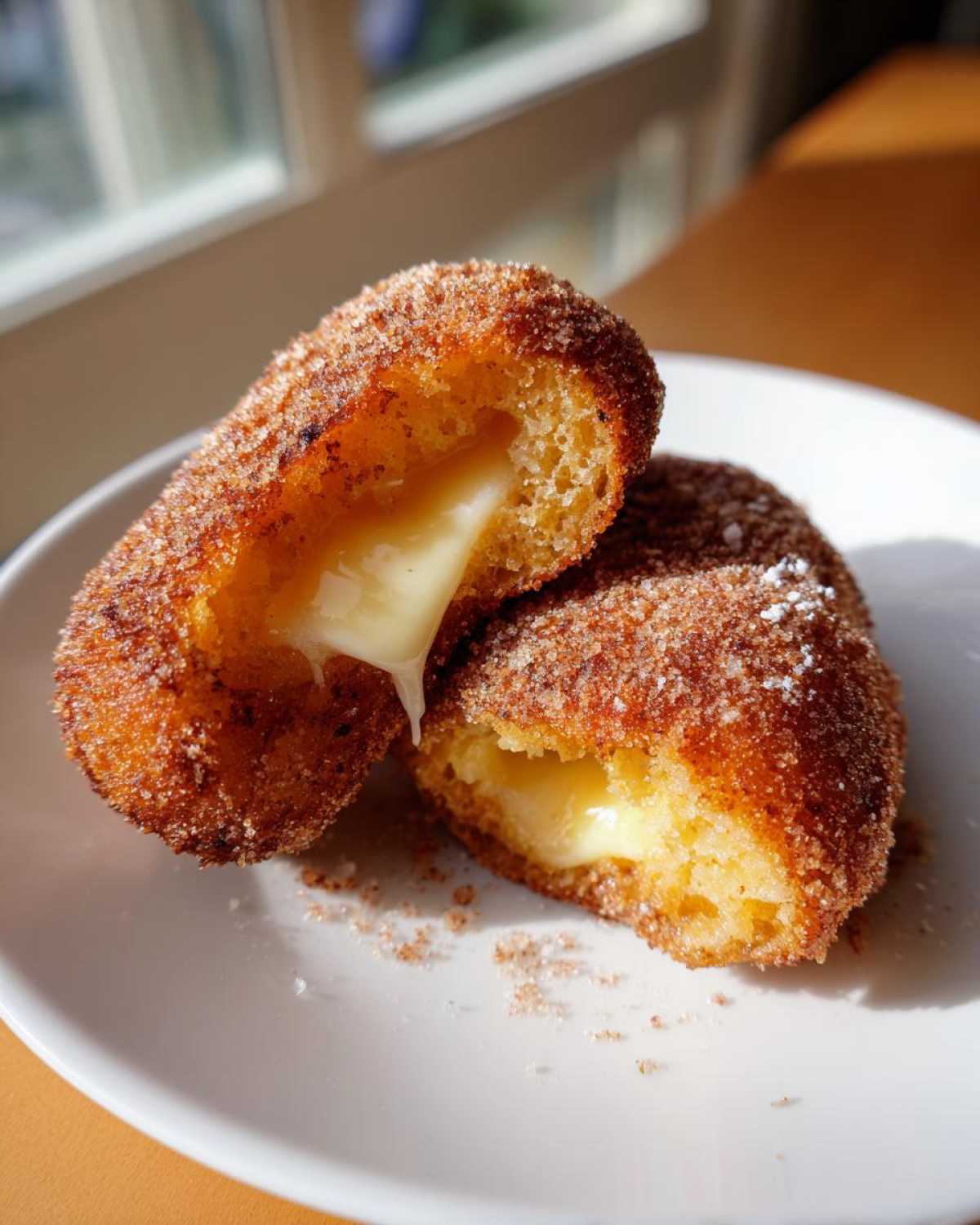 Close-up of a korean corn dog cut in half showing melted, stretchy mozzarella cheese filling.