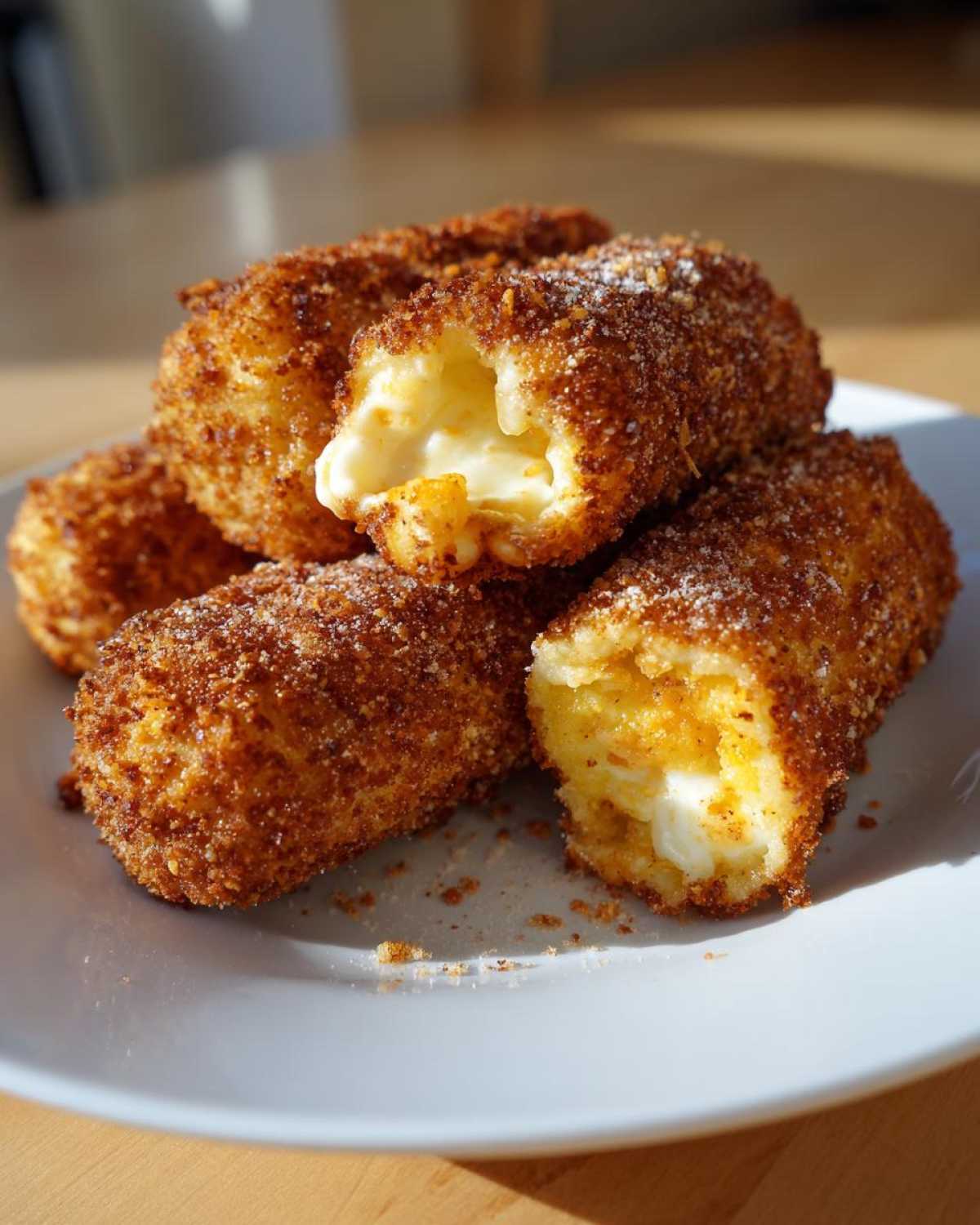 Close-up of several crispy, sugar-dusted korean corn dog pieces showing a gooey, melted mozzarella cheese filling.