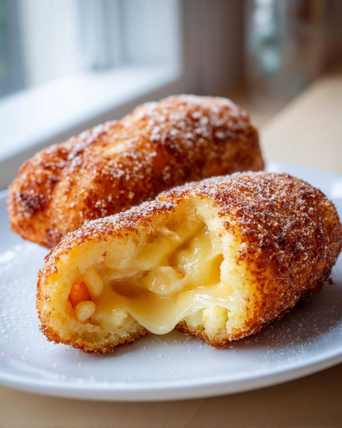 Close-up of a sugar-dusted korean corn dog cut open, revealing a gooey, melted cheese filling.