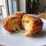 Close-up of a korean corn dog cut open showing gooey, melted cheese stretching between the halves.