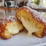 A sweet korean corn dog cut in half, revealing a gooey, melted cheese filling dripping onto a white plate.