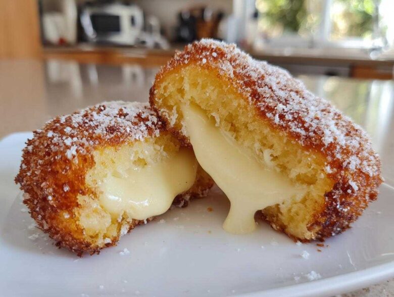 A sweet korean corn dog cut in half, revealing a gooey, melted cheese filling dripping onto a white plate.