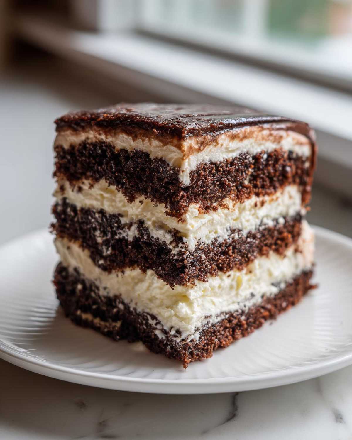 A decadent slice of Italian love cake featuring alternating layers of dark chocolate cake and white cream filling, topped with chocolate ganache.