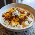 A close-up of a hearty bowl of loaded baked potato soup topped with shredded cheese, bacon bits, sour cream, and chives.