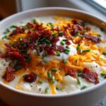 A close-up of a bowl of creamy loaded baked potato soup topped with shredded cheddar, bacon bits, sour cream, and chives.