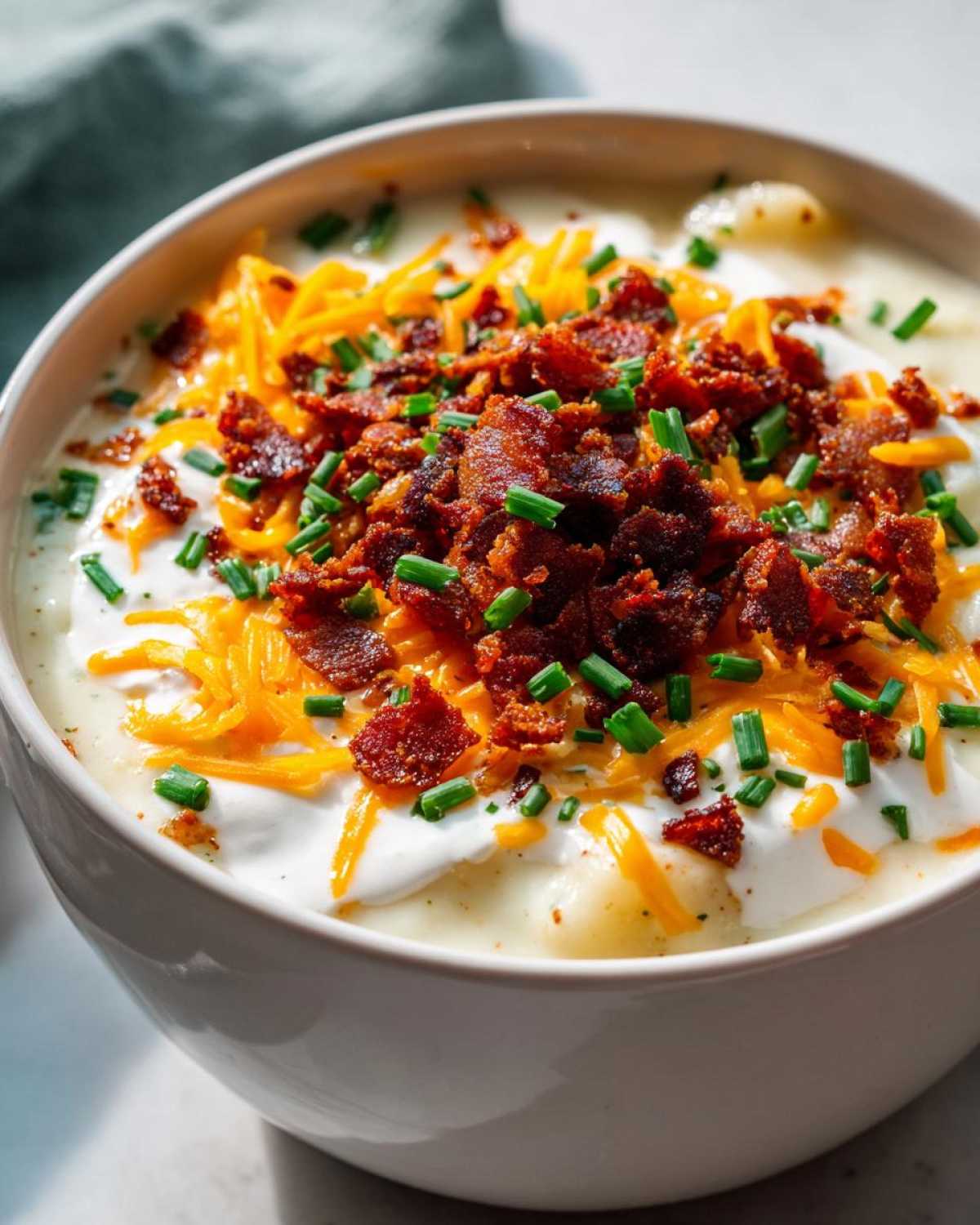 Close-up of a bowl of creamy loaded baked potato soup topped generously with sour cream, shredded cheddar, bacon bits, and chives.