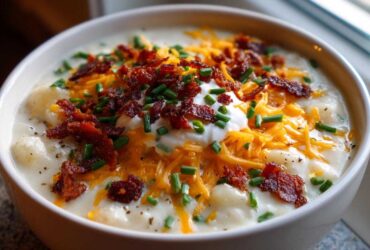A close-up of a bowl of creamy loaded baked potato soup topped with shredded cheddar, bacon bits, sour cream, and chives.
