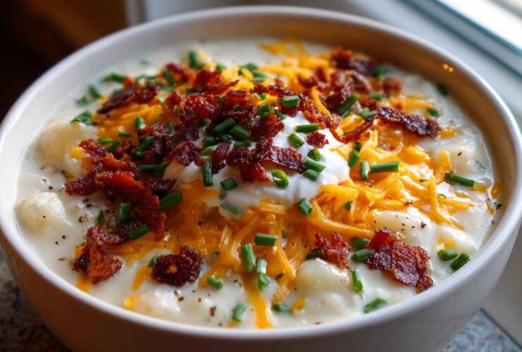 A close-up of a bowl of creamy loaded baked potato soup topped with shredded cheddar, bacon bits, sour cream, and chives.