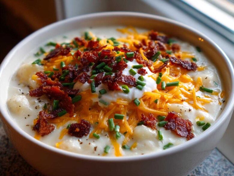 A close-up of a bowl of creamy loaded baked potato soup topped with shredded cheddar, bacon bits, sour cream, and chives.
