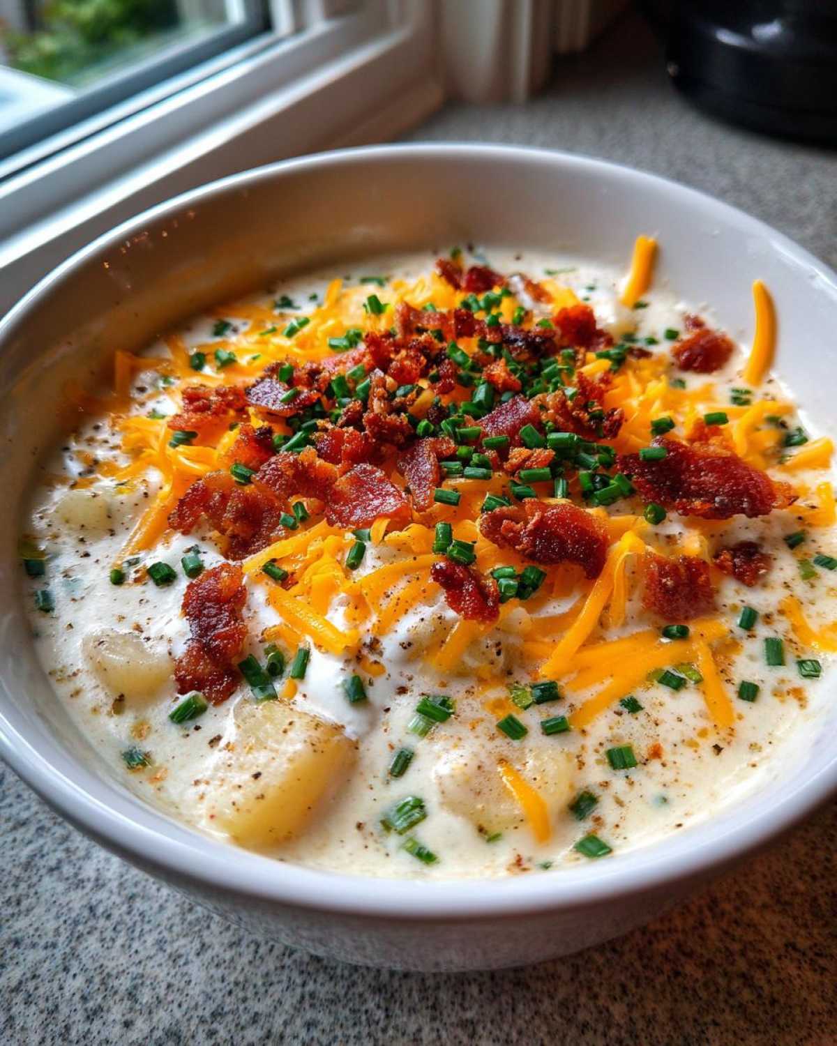 A close-up of a bowl of creamy loaded baked potato soup topped with shredded cheddar cheese, bacon bits, and chives.